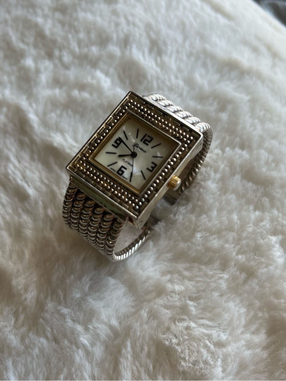 Geneva Platinum Women’s Cuff Watch Silver Gold Tone Cable Twist Bracelet Square